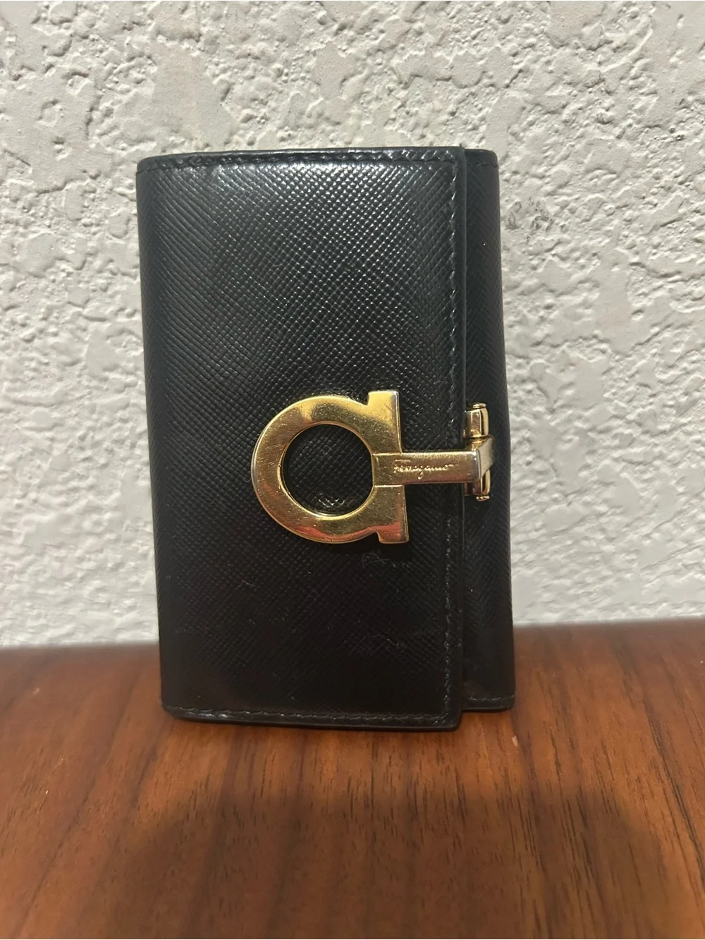 Salvatore Ferragamo Black Leather Key & Card Holder with Gold Gancini
